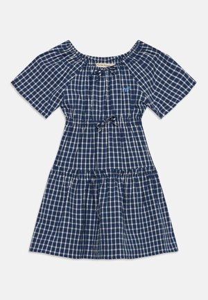 Kort mouwtje jurk met marineblauw-wit geruit patroon, een elastische halslijn, een taille met trekkoord en een geplooide rok.