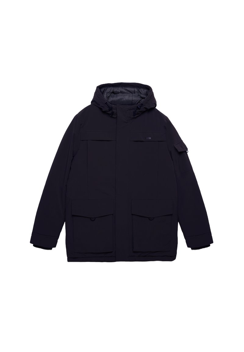 Marineblå isoleret parka-jakke med hætte, flere frontlommer og et elegant design med en glat overflade.