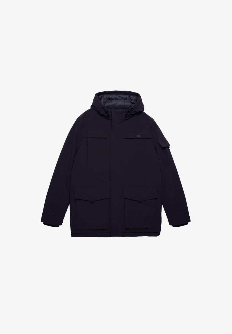 Parka jacket isolata di colore blu navy con cappuccio, numerose tasche frontali e un design elegante con una texture liscia.