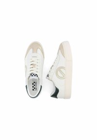 Sneakers bianchi e beige realizzati in pelle e gomma, punta rotonda, suola piatta, design con lacci e accento nero sul tallone, con logo.