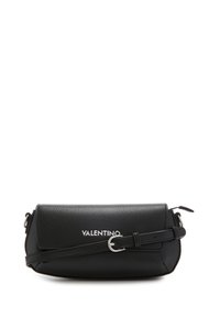 Sac en bandoulière en cuir noir avec rabat, bandoulière ajustable et quincaillerie en ton argent avec le logo "VALENTINO".