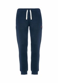 Pantaloni della tuta blu navy in tessuto morbido, con vita elastica con coulisse e polsini a coste. Piccolo dettaglio logo rosso sul lato.