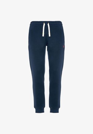 Pantaloni della tuta blu navy in tessuto morbido, con vita elastica con coulisse e polsini a coste. Piccolo dettaglio logo rosso sul lato.