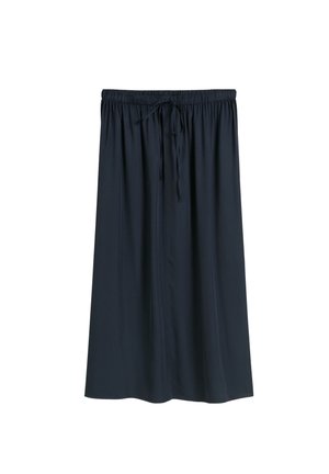 Dunkelblauer Midi-Rock aus weichem Material, mit elastischem Bund und Kordelzug sowie einer fließenden Silhouette.
