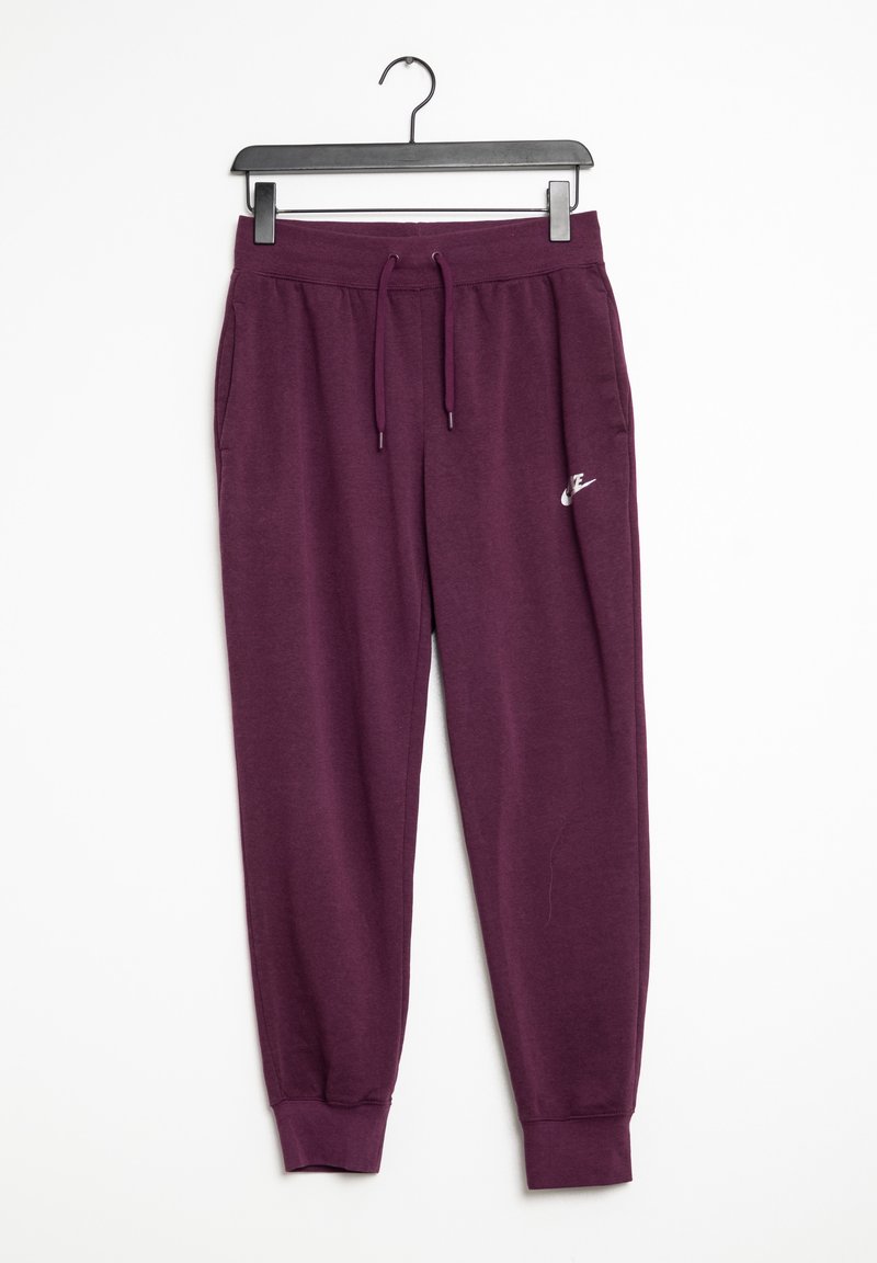 Jogging en maroon avec ceinture élastique, cordon de serrage, poches latérales et un petit logo blanc sur la cuisse gauche. Tissu lisse.