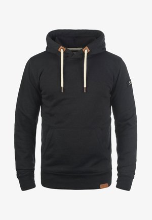 Black hoodie made of cotton, featuring a kangaroo pocket, cream-colored drawstrings, and brown leather accents on the hood and hem.