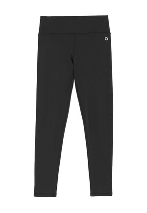 Czarne legginsy wykonane z elastycznego materiału z szerokim, gładkim pasem. Posiadają mały, okrągły akcent w pobliżu biodra.