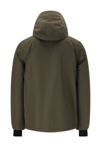 Dunkelolivgrüne Puffy-Jacke mit Kapuze, die eine glatte Stofftextur, elastische Bündchen und keine sichtbaren Befestigungen auf der Rückseite aufweist.