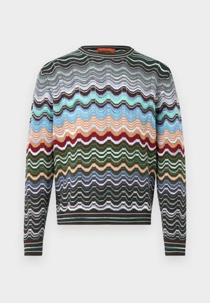 Suéter de punto de manga larga con patrón de zigzag en tonos verdes, azules, marrones, rojos y beige, con puños y dobladillo acanalados.