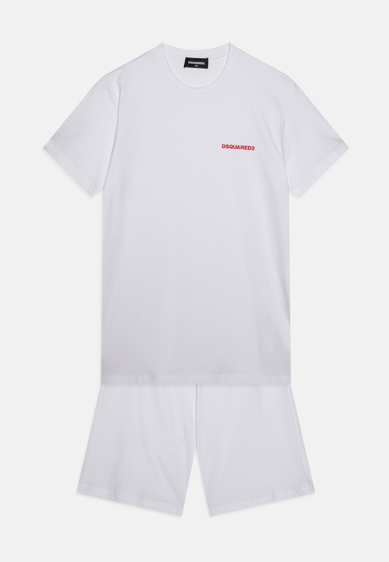 Zestaw biały bawełniany t-shirt i szorty. Okrągły dekolt, krótkie rękawy i małe czerwone logo "DSquared2" na lewej piersi. Gładka tekstura.