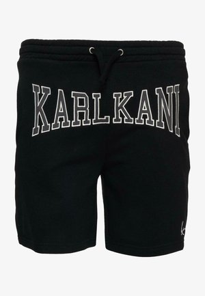 Mustad mustadest puuvillast lühikesed püksid elastse vöökoha ja paelaga. Ees on hall "KARLKANI" logo.