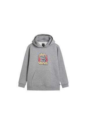 Sweat à capuche gris Vans avec poche avant, présentant un graphique d’un ordinateur vintage entouré de flammes rouges et jaunes.
