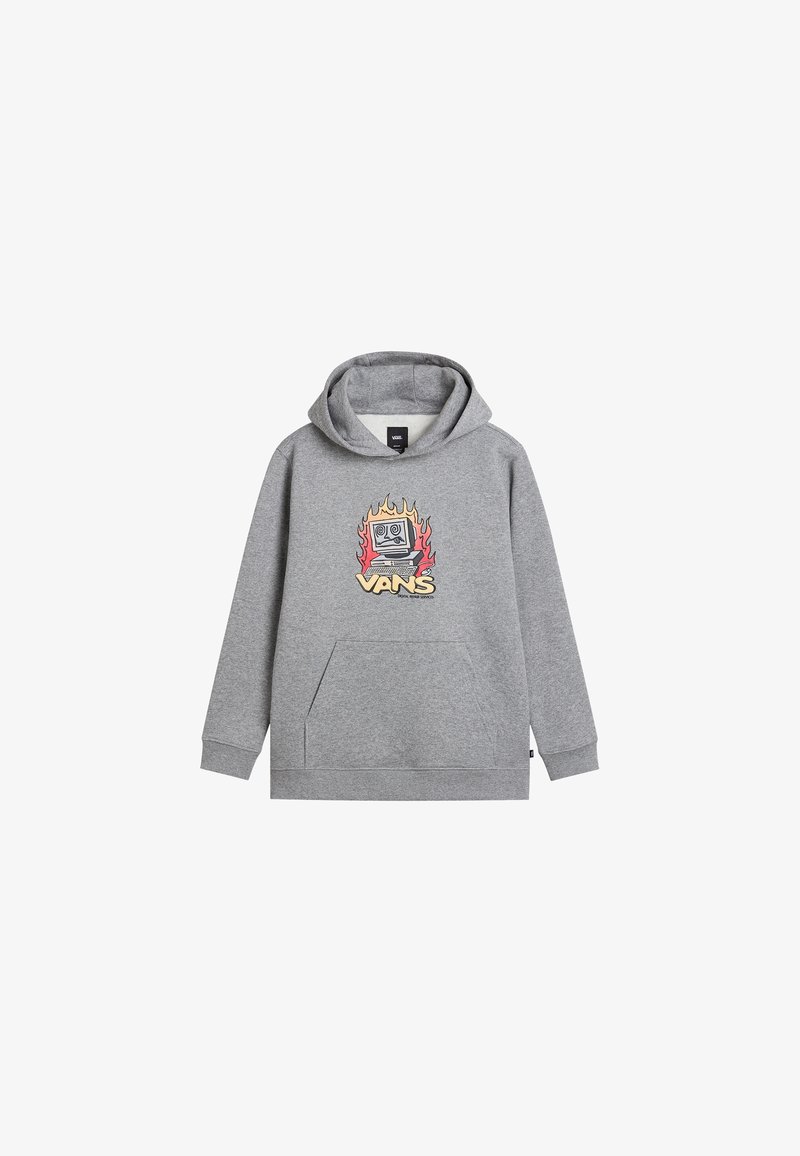 Sweat à capuche gris Vans avec poche avant, présentant un graphique d’un ordinateur vintage entouré de flammes rouges et jaunes.