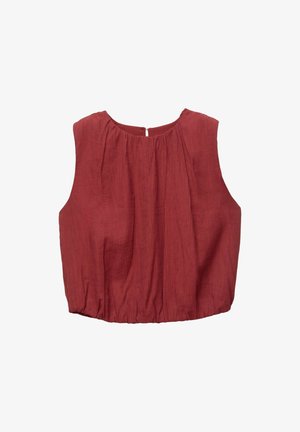 Crvena majica bez rukava s okruglim izrezom, pletenim prednjim dijelom i nabranim rubom. Izrađena od teksturirane tkanine s malim zatvaranjem na leđima.