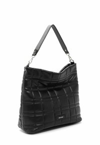 Black quilted handbag made of smooth leather, featuring a single adjustable strap, structured shape, and a discreet brand logo.