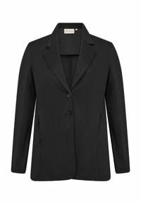Černý blazer s límečkem, dvěma předními knoflíky, dlouhými rukávy a hladkým povrchem. Obsahuje švové detaily po stranách.