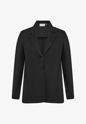 Črn blazer z ovratnikom, dvema sprednjima gumboma, dolgimi rokavi in gladko teksturo. Ima podrobnosti šivov na straneh.