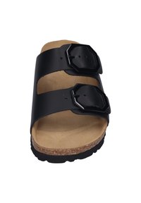 Black two-strap sandal featuring adjustable octagonal buckles, a cork footbed, and a textured rubber sole.