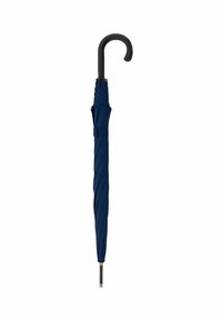 Marineblauwe stoffen paraplu met een gedraaid ontwerp en een zwarte gebogen handvat. Metalen punt zichtbaar aan de onderkant. Standaard rechte vorm.