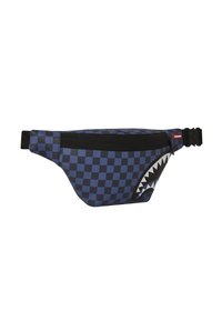 Riñonera a cuadros azul y negra con diseño de tiburón, incluye un cierre negro y una correa ajustable para un uso seguro.