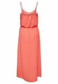 Robe maxi corail sans manches avec fines bretelles réglables, taille froncée et jupe fluide.