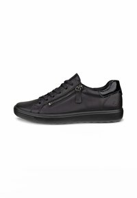 Black sneakers with a smooth leather finish, featuring a side zipper, laces, and a subtle shiny accent on the heel. Rubber sole for grip.