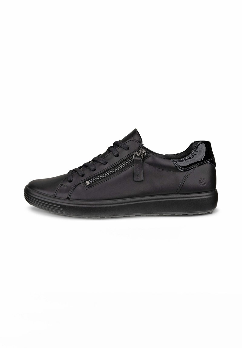 Black sneakers with a smooth leather finish, featuring a side zipper, laces, and a subtle shiny accent on the heel. Rubber sole for grip.