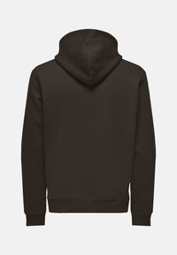 Donkerbruin hoodie met een kangoeroezak, ribgebreide manchetten en zoom. Heeft een grote, verstelbare capuchon en een gladde, gestructureerde stof.