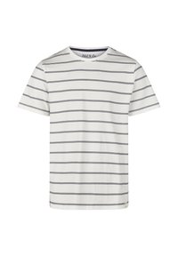 Weißes Baumwoll-T-Shirt mit marineblauen horizontalen Streifen, Rundhalsausschnitt, kurzen Ärmeln und einem kleinen Logo-Tag am Saum. Glatte Textur und lässige Passform.