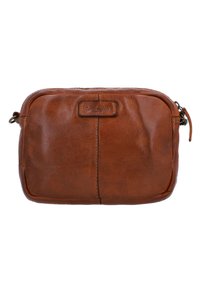 Borsa a tracolla in pelle marrone con forma rettangolare, chiusura con zip e un design cucito. Presenta un grande logo del marchio in evidenza sulla parte anteriore.