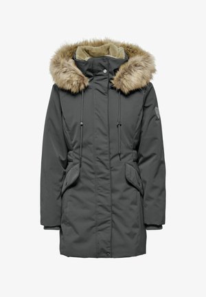 Graue isolierte Parka mit abnehmbarem Kunstfellkragen, Kordelzug in der Taille und Seitentaschen; mit gerippten Bündchen und vorderem Druckknopfverschluss.