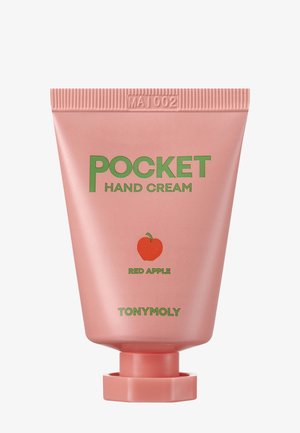 Tube rose de crème pour les mains TonyMoly Pocket parfum pomme rouge, avec des lettres vertes et une illustration de pomme rouge sur le devant.