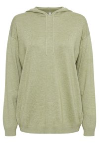 Sudadera verde claro de tela suave, con cordón, mangas largas y un ajuste holgado con puños y dobladillo acanalados.