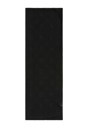 Czarny prostokątny szalik z subtelnym tłoczonym wzorem w postaci kół i rombów równomiernie rozmieszczonych na tkaninie.