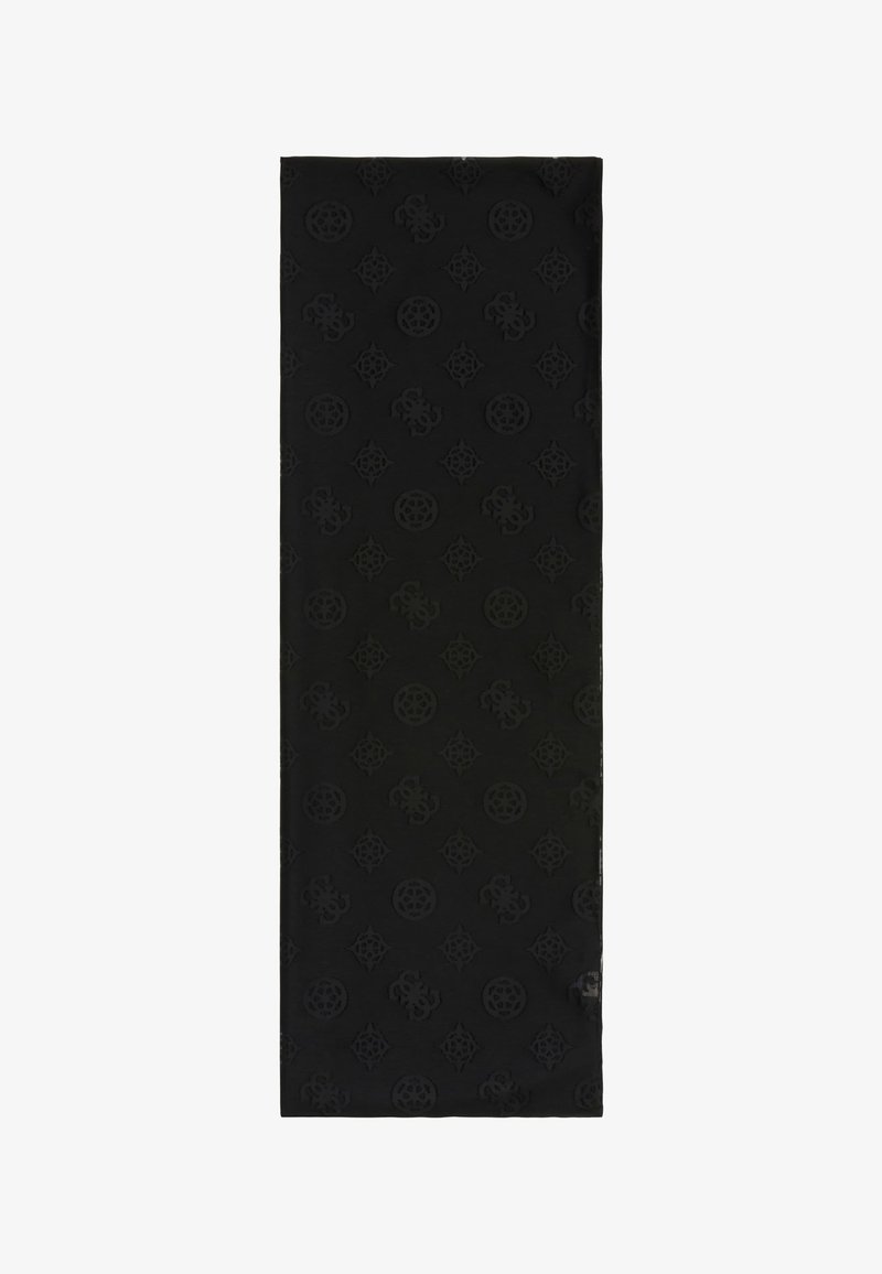 Écharpe rectangulaire noire avec un motif discret en relief de cercles et de formes losangées réparties uniformément sur le tissu.