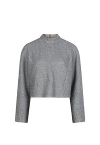 Grijze cropped sweater met lange mouwen, gestructureerde stof met een ruitpatroon, hoge hals en een ritssluiting aan de achterkant.