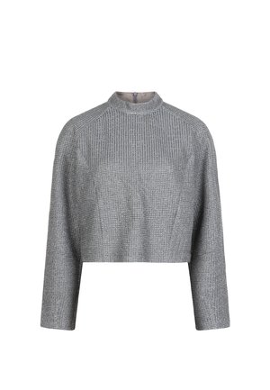 Grijze cropped sweater met lange mouwen, gestructureerde stof met een ruitpatroon, hoge hals en een ritssluiting aan de achterkant.
