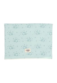 Light blue cotton blanket featuring a pattern of small sleeping bears, stars, and moons; includes a beige tag with the brand name.