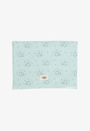Light blue cotton blanket featuring a pattern of small sleeping bears, stars, and moons; includes a beige tag with the brand name.