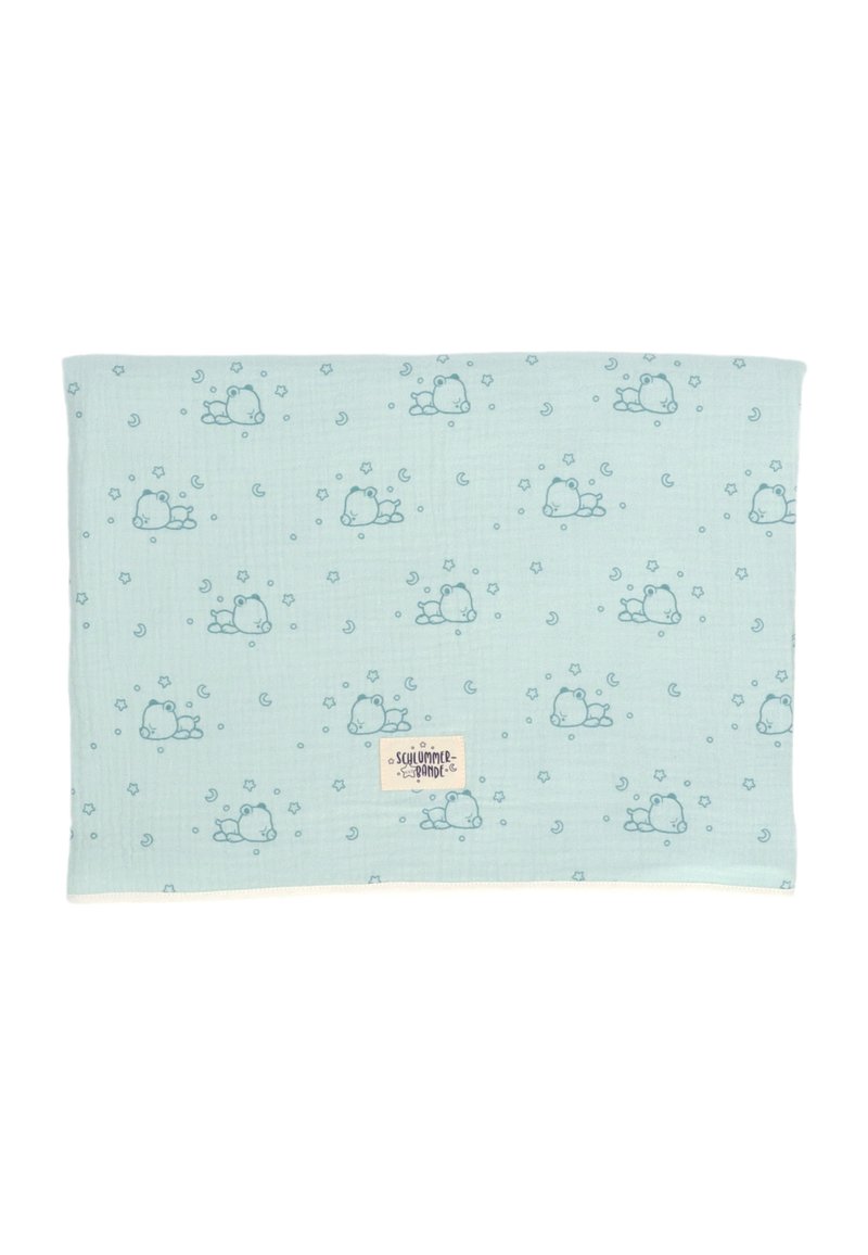 Light blue cotton blanket featuring a pattern of small sleeping bears, stars, and moons; includes a beige tag with the brand name.