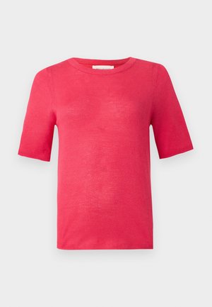 T-shirt a maniche corte con collo rotondo di un vivace colore rosa. Realizzato in materiale leggero con una superficie liscia e cuciture minime.