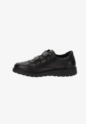 Scarpa in pelle nera con punta arrotondata, chiusura a doppia fascia, superficie testurizzata e una robusta suola in gomma progettata per il comfort.