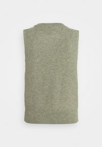 Gilet en maille sans manches de couleur vert clair, avec un ourlet côtelé et un col rond, vu de l'arrière.