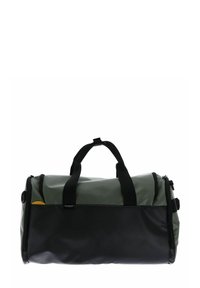 Sac de sport en vert et noir, fabriqué en matériau imperméable. Comprend deux poignées renforcées et une fermeture éclair avec une poche extérieure.