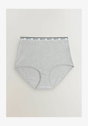 Hallid hallid puuvillased kõrge vöökohaga aluspüksid, millel on must elastne vöö, millel on korduv tekst "NEXT". Sile tekstuur ja täielik katvuse disain.