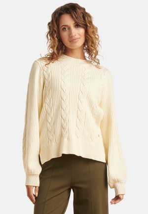 Cream cable-knit sweater with ribbed texture, round neckline, and dropped shoulders. Cropped fit and loose sleeves complement the design.