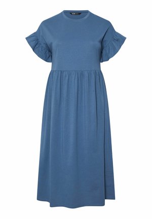 Blå knælængde kjole lavet af blødt stof, med en rund halsudskæring og korte flæseærmer, samt en samlede talje for en afslappet pasform.