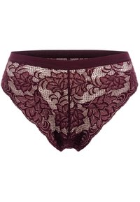 Bordeaux kanten slipjes met bloemenpatroon, zachte textuur, gegolfde randen en een brede elastische tailleband voor comfort.