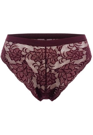 Culotte en dentelle bourgogne avec motif floral, tissu au toucher doux, bords festonnés et large ceinture élastique pour le confort.