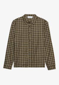 Bruin geruit overhemd met een knoopsluiting aan de voorkant, lange mouwen en een kraag. Voorzien van donkere knopen en een gestructureerde stof.